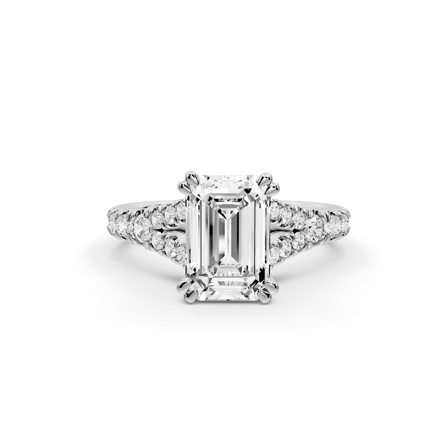 Rosalie - 2ct 18k white gold emerald Pavé Cathedral Hidden Halo with Diamond Bridge split shank Engagement Ring - Mr. Alex Jewelry