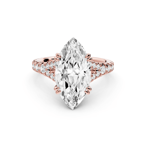 Rosalie - 3ct 14k rose gold marquise Pavé Cathedral Hidden Halo with Diamond Bridge split shank Engagement Ring - Mr. Alex Jewelry