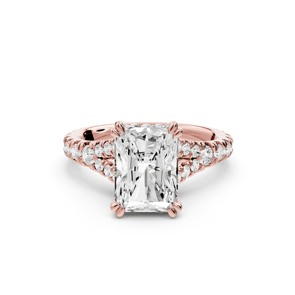 Rosalie - 3ct 14k rose gold radiant Pavé Cathedral Hidden Halo with Diamond Bridge split shank Engagement Ring - Mr. Alex Jewelry