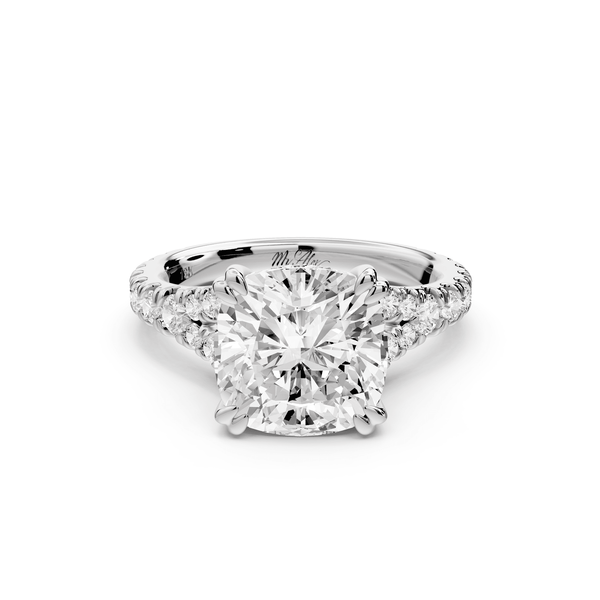 Rosalie - 3ct 14k white gold cushion Pavé Cathedral Hidden Halo with Diamond Bridge split shank Engagement Ring - Mr. Alex Jewelry