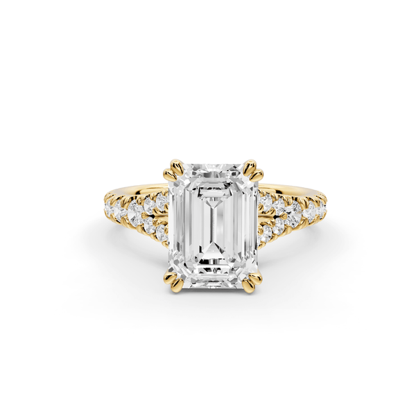 Rosalie - 3ct 18k yellow gold emerald Pavé Cathedral Hidden Halo with Diamond Bridge split shank Engagement Ring - Mr. Alex Jewelry