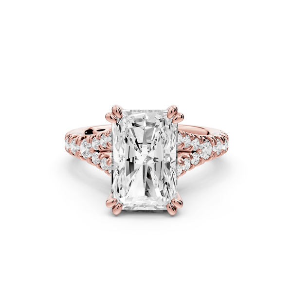 Rosalie - 4ct 14k rose gold radiant Pavé Cathedral Hidden Halo with Diamond Bridge split shank Engagement Ring - Mr. Alex Jewelry