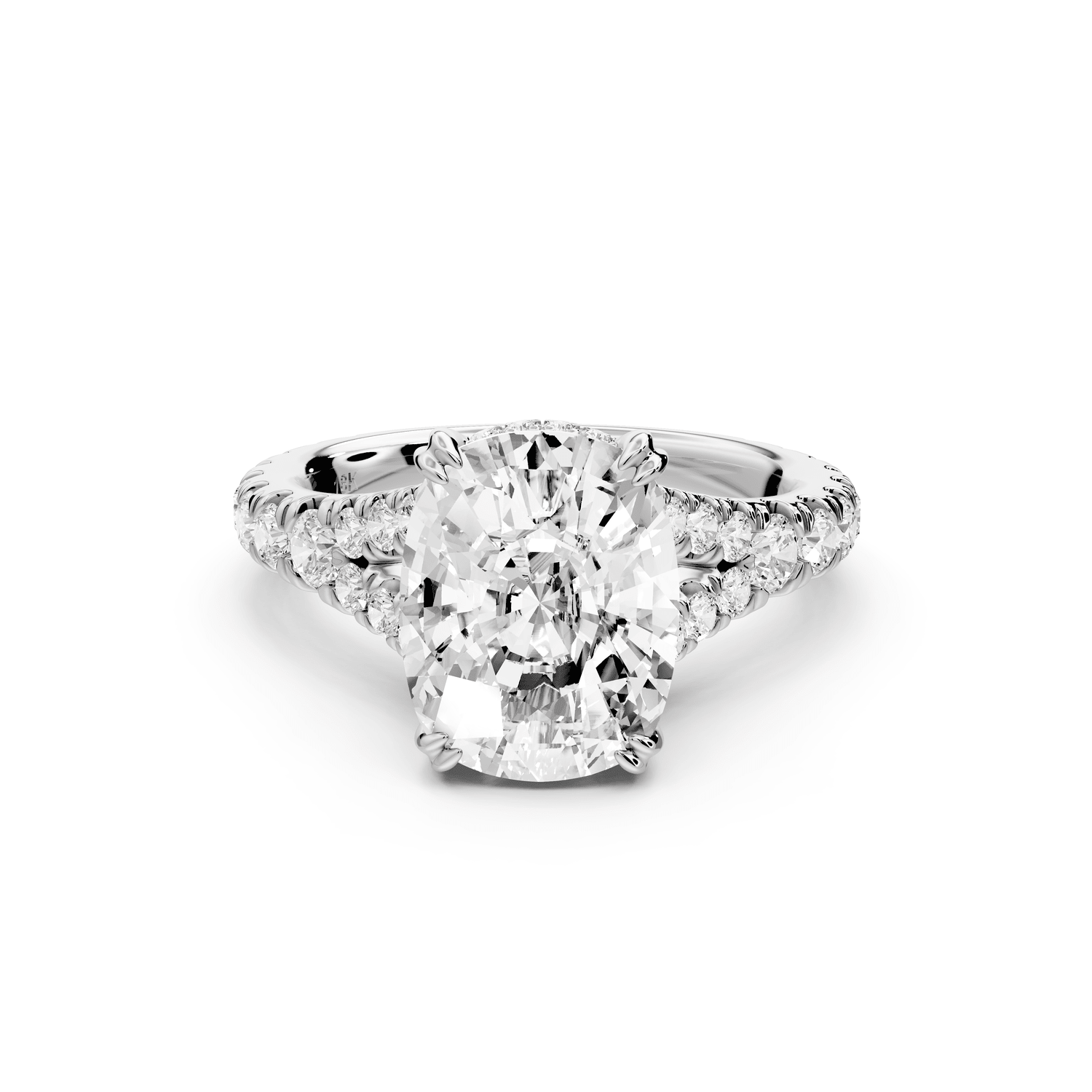 Rosalie - 4ct 14k white gold ecushion Pavé Cathedral Hidden Halo with Diamond Bridge split shank Engagement Ring - Mr. Alex Jewelry
