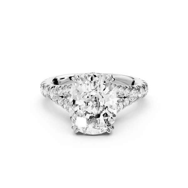 Rosalie - 4ct 14k white gold ecushion Pavé Cathedral Hidden Halo with Diamond Bridge split shank Engagement Ring - Mr. Alex Jewelry