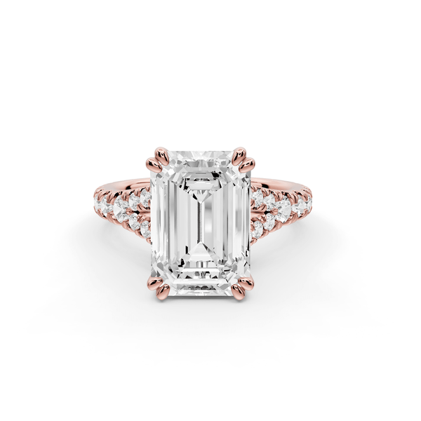 Rosalie - 4ct 18k rose gold emerald Pavé Cathedral Hidden Halo with Diamond Bridge split shank Engagement Ring - Mr. Alex Jewelry