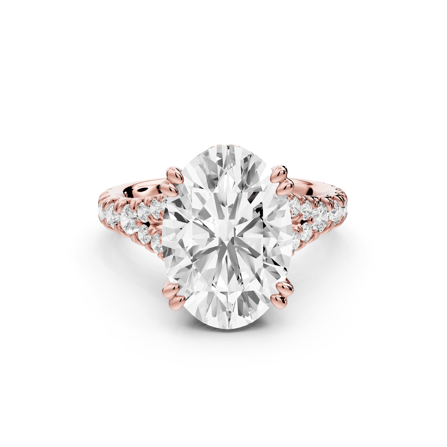 Rosalie - 4ct 18k rose gold oval Pavé Cathedral Hidden Halo with Diamond Bridge split shank Engagement Ring - Mr. Alex Jewelry