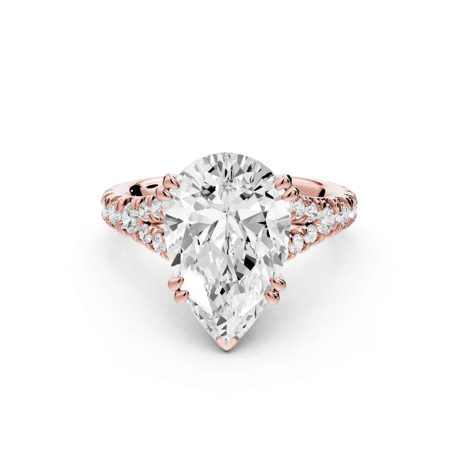 Rosalie - 4ct 18k rose gold pear Pavé Cathedral Hidden Halo with Diamond Bridge split shank Engagement Ring - Mr. Alex Jewelry