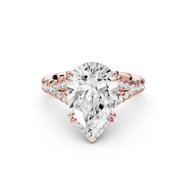 Rosalie - 4ct 18k rose gold pear Pavé Cathedral Hidden Halo with Diamond Bridge split shank Engagement Ring - Mr. Alex Jewelry