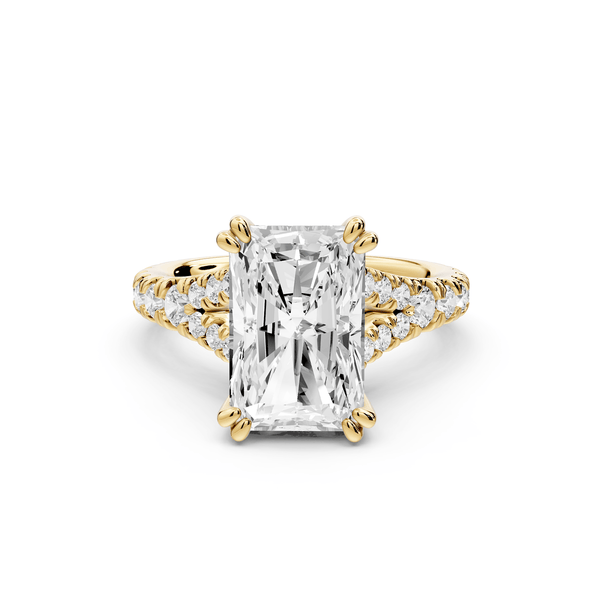 Rosalie - 4ct 18k yellow gold radiant Pavé Cathedral Hidden Halo with Diamond Bridge split shank Engagement Ring - Mr. Alex Jewelry