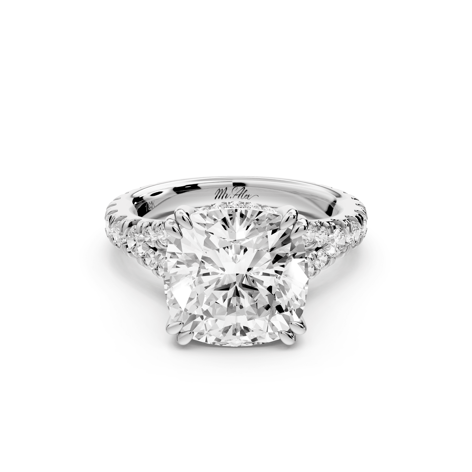 Rosalie - 4ct platinum cushion Pavé Cathedral Hidden Halo with Diamond Bridge split shank Engagement Ring - Mr. Alex Jewelry
