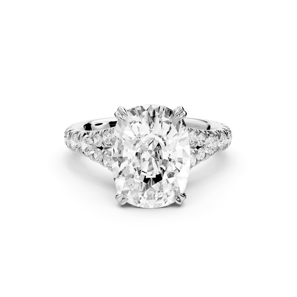 Rosalie - 5ct 14k white gold ecushion Pavé Cathedral Hidden Halo with Diamond Bridge split shank Engagement Ring - Mr. Alex Jewelry