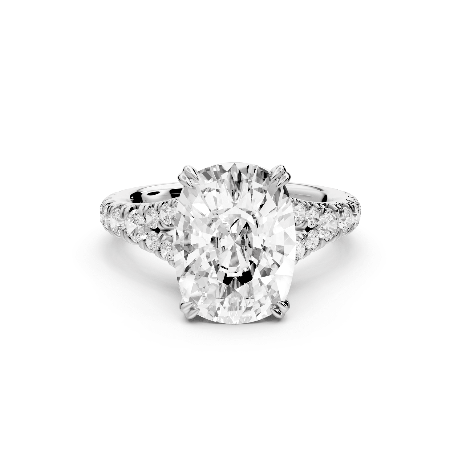 Rosalie - 5ct 14k white gold ecushion Pavé Cathedral Hidden Halo with Diamond Bridge split shank Engagement Ring - Mr. Alex Jewelry