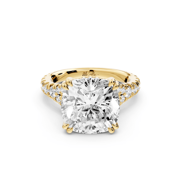 Rosalie - 5ct 14k yellow gold cushion Pavé Cathedral Hidden Halo with Diamond Bridge split shank Engagement Ring - Mr. Alex Jewelry