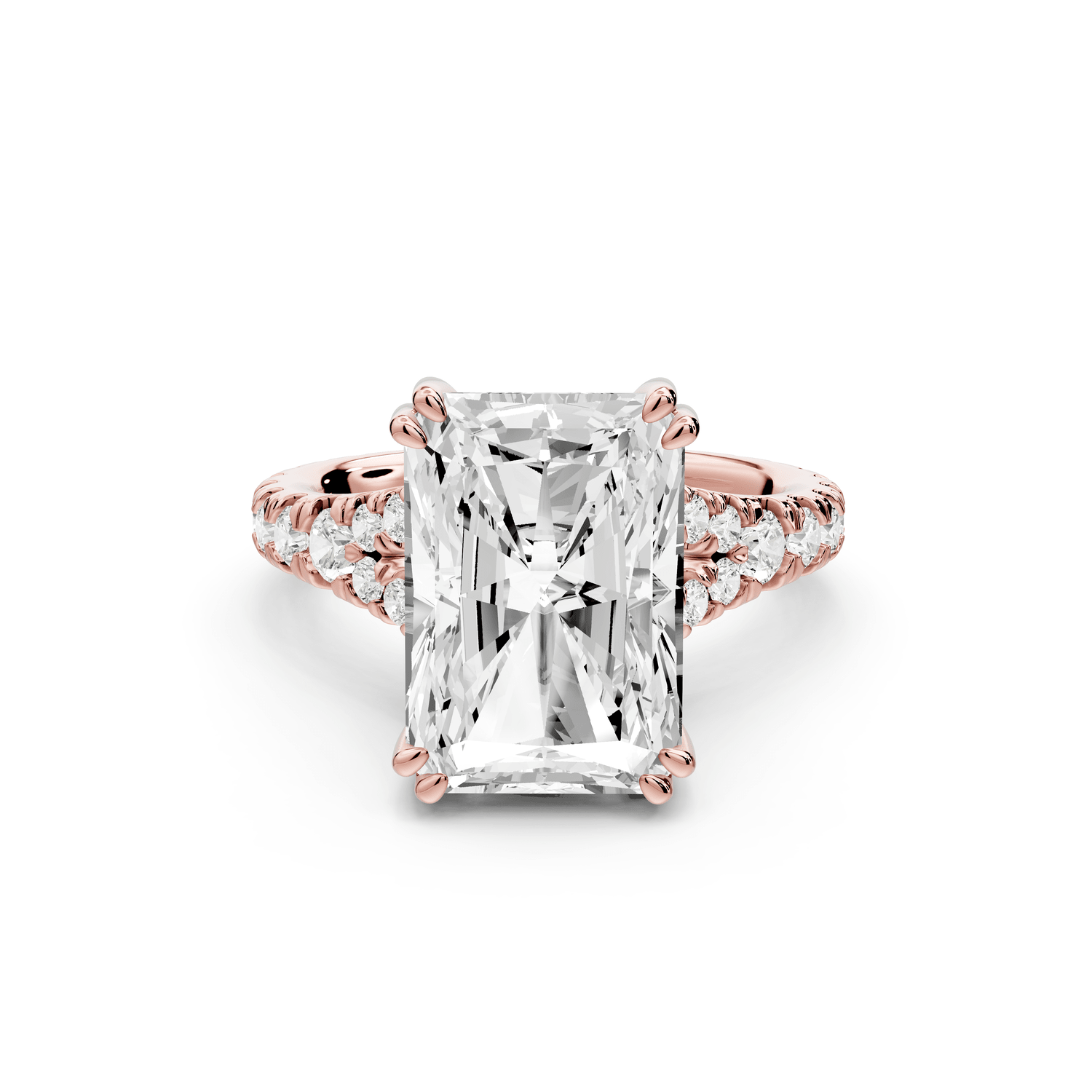 Rosalie - 5ct 18k rose gold radiant Pavé Cathedral Hidden Halo with Diamond Bridge split shank Engagement Ring - Mr. Alex Jewelry