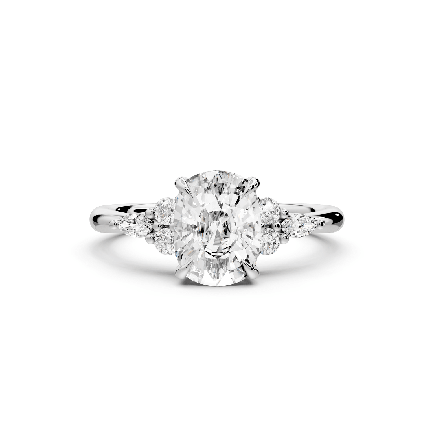 Sandi - 2ct 18k white gold Ecushion Floral Cluster Side-Stone Engagement Ring with Plain Band - Mr. Alex Jewelry