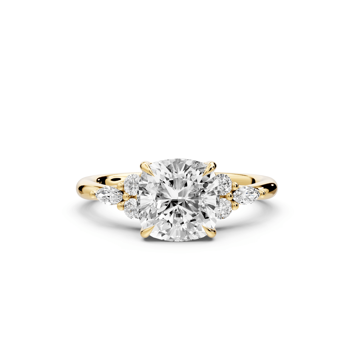 Sandi - 2ct 18k yellow gold Cushion Floral Cluster Side-Stone Engagement Ring with Plain Band - Mr. Alex Jewelry