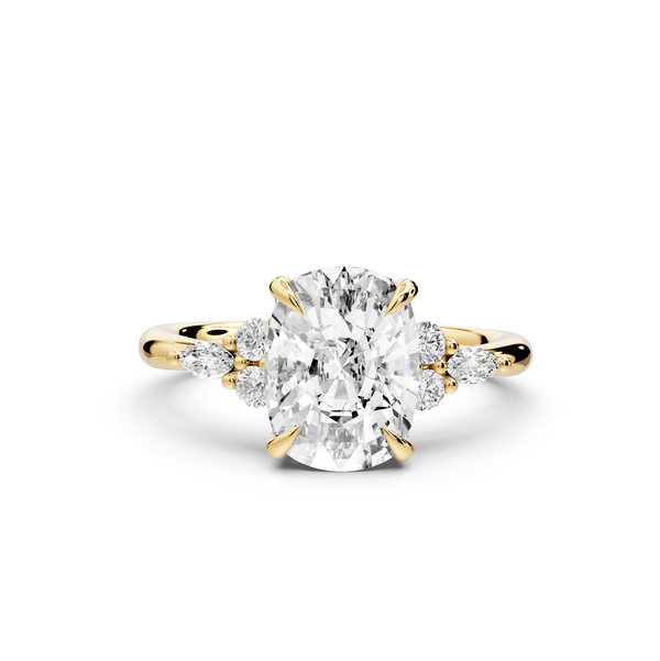 Sandi - 3ct 14k yellow gold Ecushion Floral Cluster Side-Stone Engagement Ring with Plain Band - Mr. Alex Jewelry