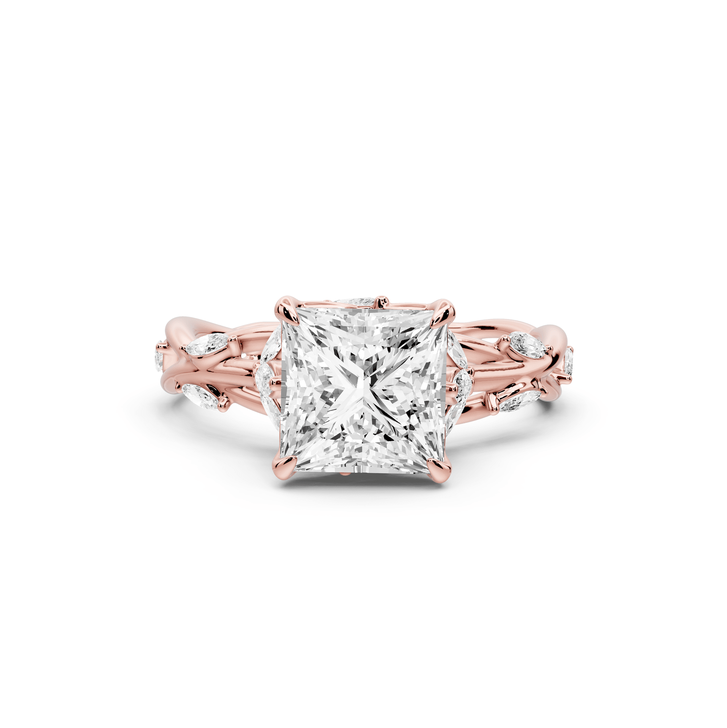 Sarah - 2ct 14k rose gold Princess Nature-Inspired Engagement Ring with Sculpted Vine and Leaf Side Stones - Mr. Alex Jewelry