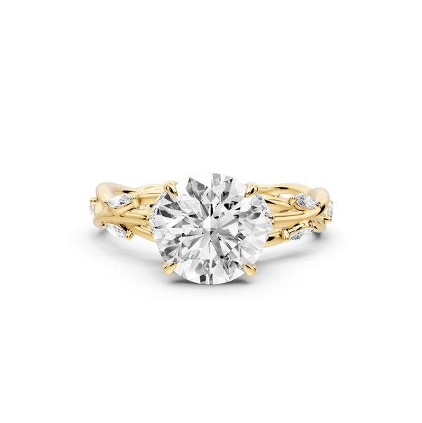 Sarah - 2ct 14k yellow gold Round Nature-Inspired Engagement Ring with Sculpted Vine and Leaf Side Stones - Mr. Alex Jewelry