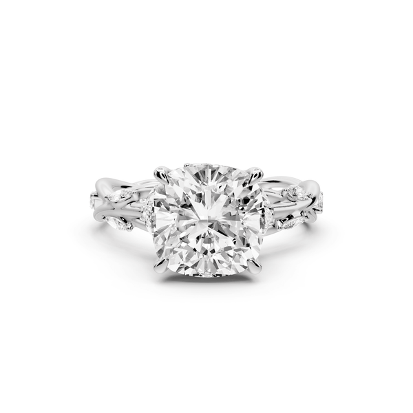 Sarah - 3ct 14k white gold Cushion Nature-Inspired Engagement Ring with Sculpted Vine and Leaf Side Stones - Mr. Alex Jewelry