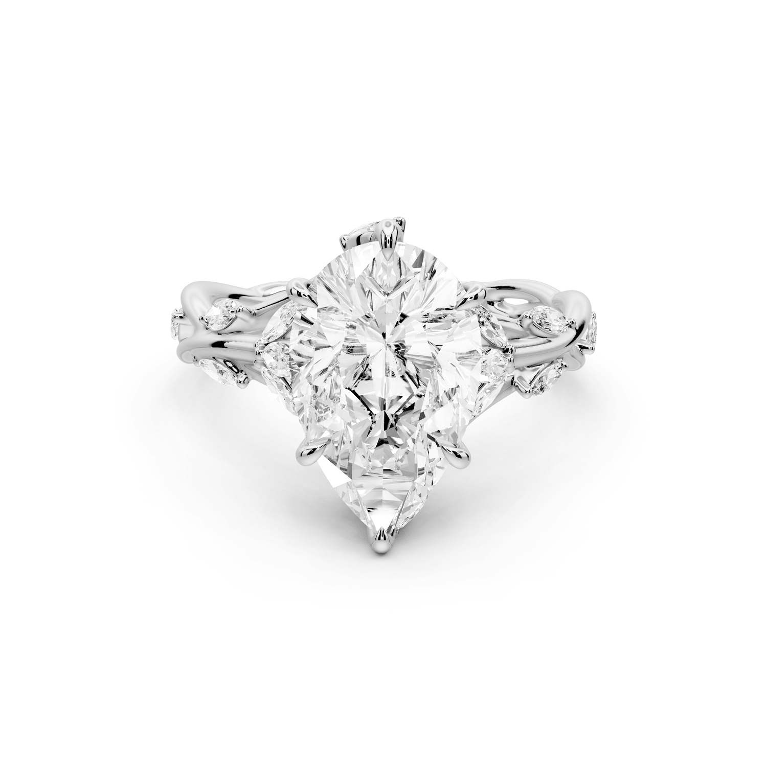 Sarah - 3ct 14k white gold Pear Nature-Inspired Engagement Ring with Sculpted Vine and Leaf Side Stones - Mr. Alex Jewelry