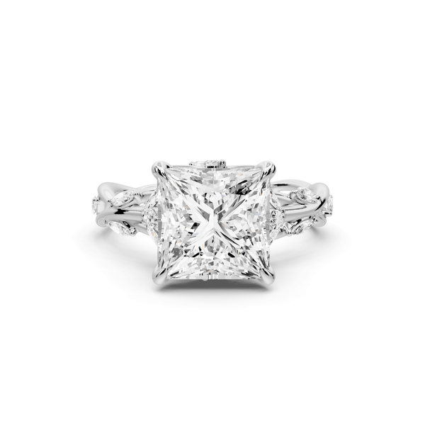 Sarah - 3ct 14k white gold Princess Nature-Inspired Engagement Ring with Sculpted Vine and Leaf Side Stones - Mr. Alex Jewelry