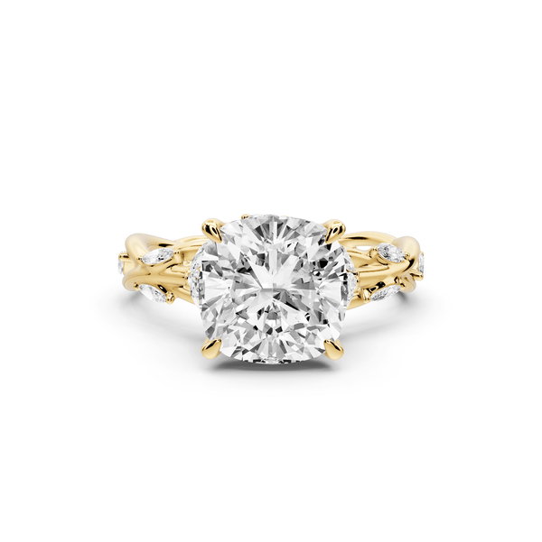 Sarah - 3ct 14k yellow gold Cushion Nature-Inspired Engagement Ring with Sculpted Vine and Leaf Side Stones - Mr. Alex Jewelry