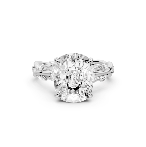 Sarah - 4ct 14k white gold Ecushion Nature-Inspired Engagement Ring with Sculpted Vine and Leaf Side Stones - Mr. Alex Jewelry