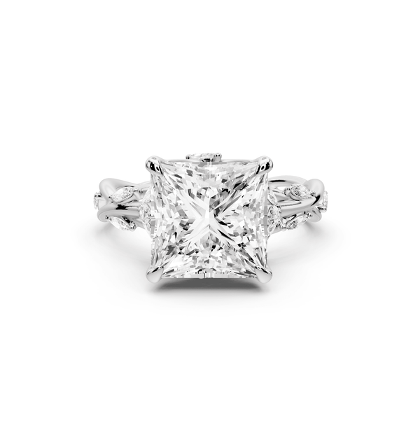 Sarah - 4ct 14k white gold Princess Nature-Inspired Engagement Ring with Sculpted Vine and Leaf Side Stones - Mr. Alex Jewelry