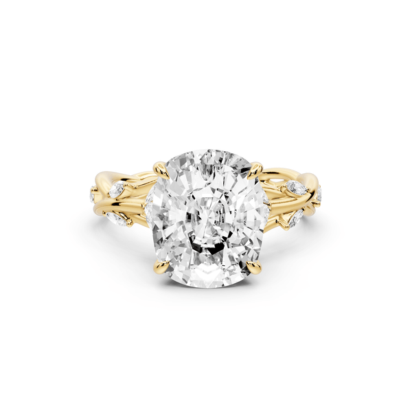 Sarah - 4ct 14k yellow gold Ecushion Nature-Inspired Engagement Ring with Sculpted Vine and Leaf Side Stones - Mr. Alex Jewelry