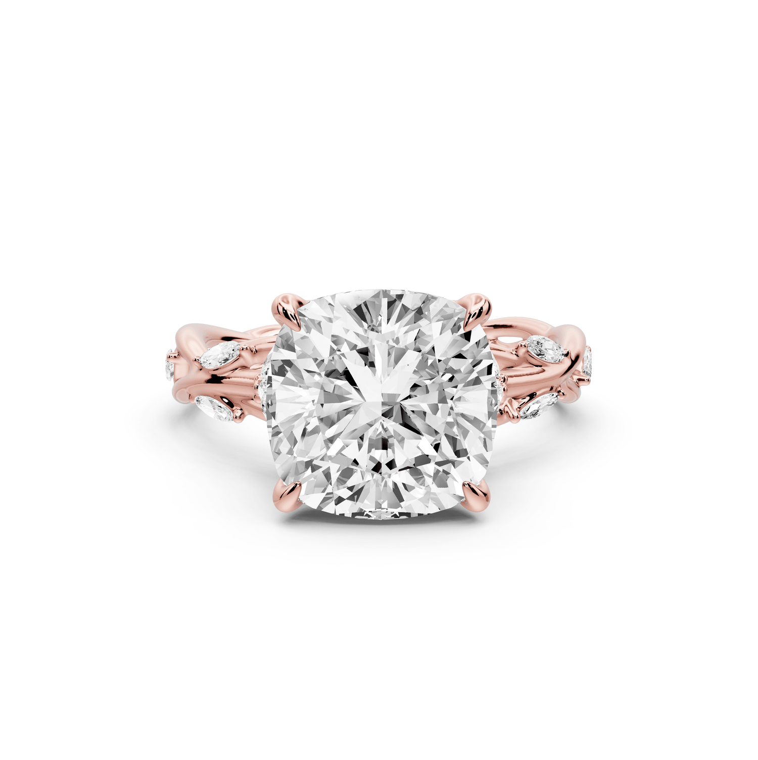 Sarah - 4ct 18k rose gold Cushion Nature-Inspired Engagement Ring with Sculpted Vine and Leaf Side Stones - Mr. Alex Jewelry