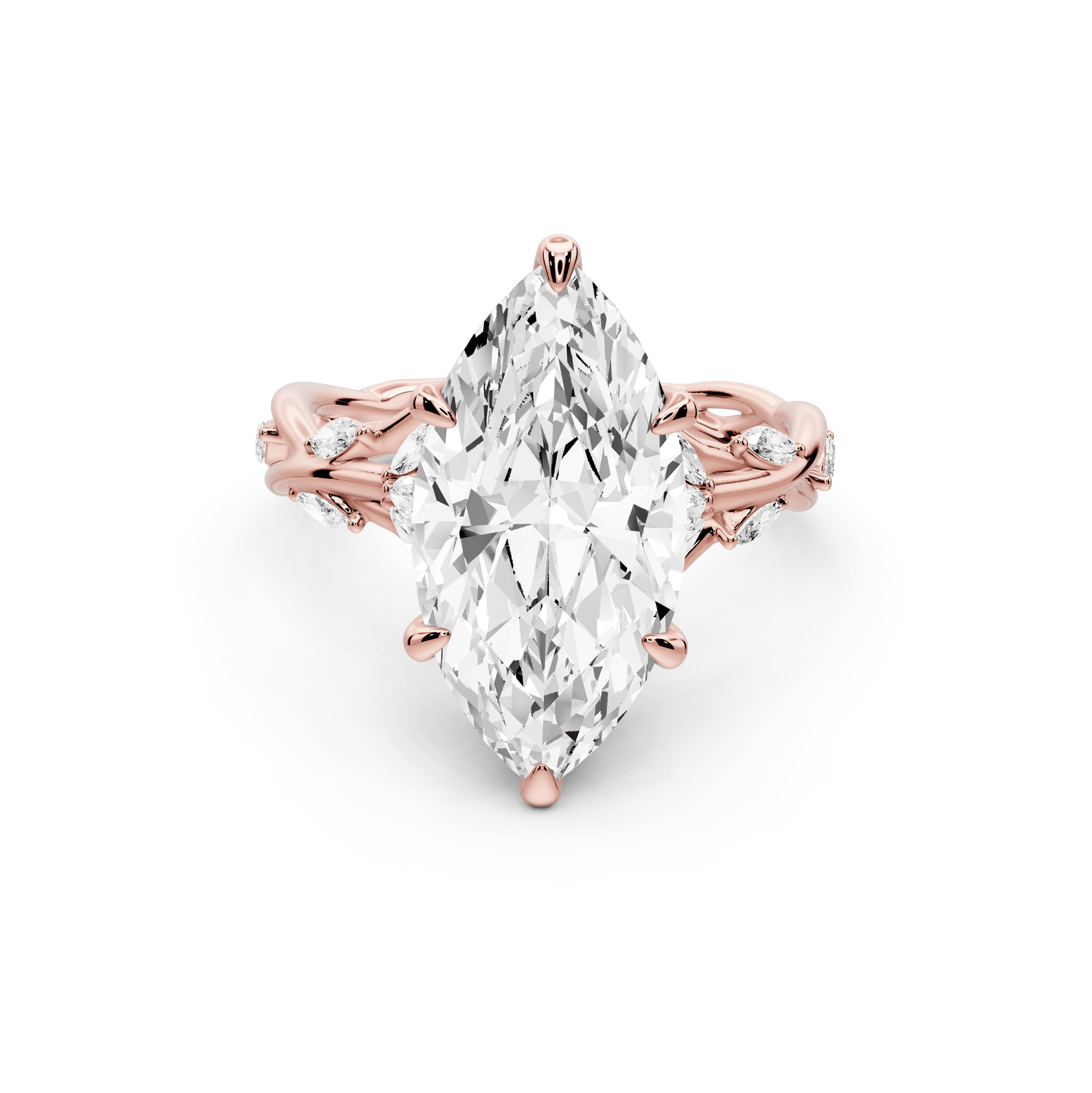 Sarah - 4ct 18k rose gold Marquise Nature-Inspired Engagement Ring with Sculpted Vine and Leaf Side Stones - Mr. Alex Jewelry