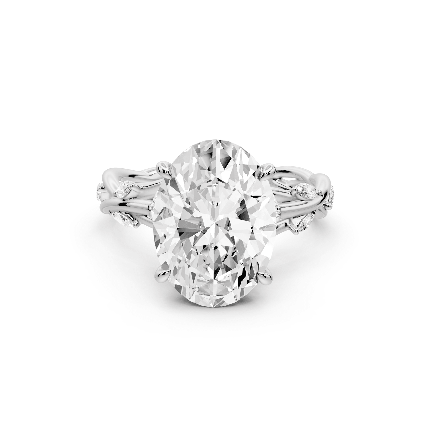 Sarah - 4ct 18k white gold Oval Nature-Inspired Engagement Ring with Sculpted Vine and Leaf Side Stones - Mr. Alex Jewelry