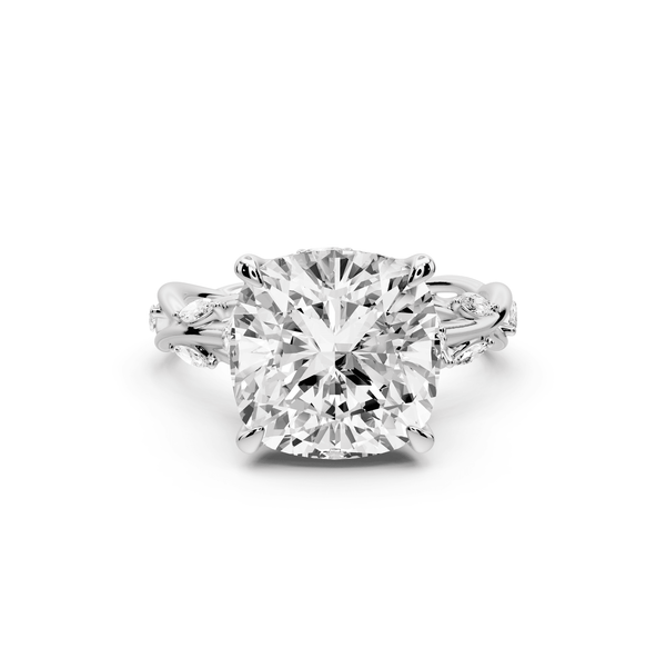 Sarah - 5ct 14k white gold Cushion Nature-Inspired Engagement Ring with Sculpted Vine and Leaf Side Stones - Mr. Alex Jewelry