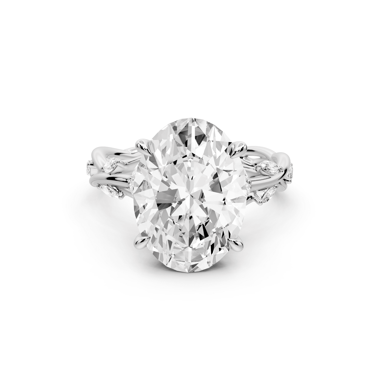 Sarah - 5ct 18k white gold Oval Nature-Inspired Engagement Ring with Sculpted Vine and Leaf Side Stones - Mr. Alex Jewelry