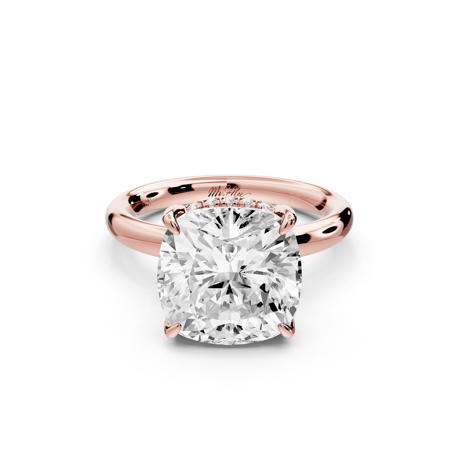 Shira - 5ct 14k rose gold cushion diamond with hidden halo and diamond crown talon prong solitaire engagement ring - Mr. Alex Jewelry