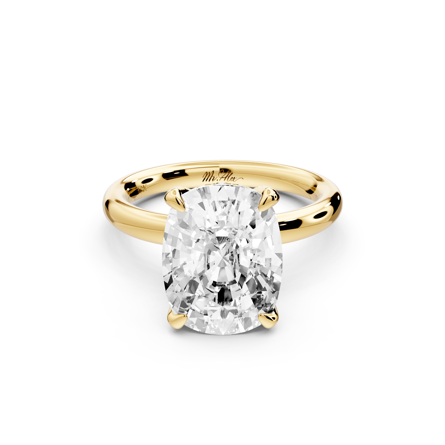 Shira - 5ct 14k yellow gold ecushion diamond with hidden halo and diamond crown talon prong solitaire engagement ring - Mr. Alex Jewelry
