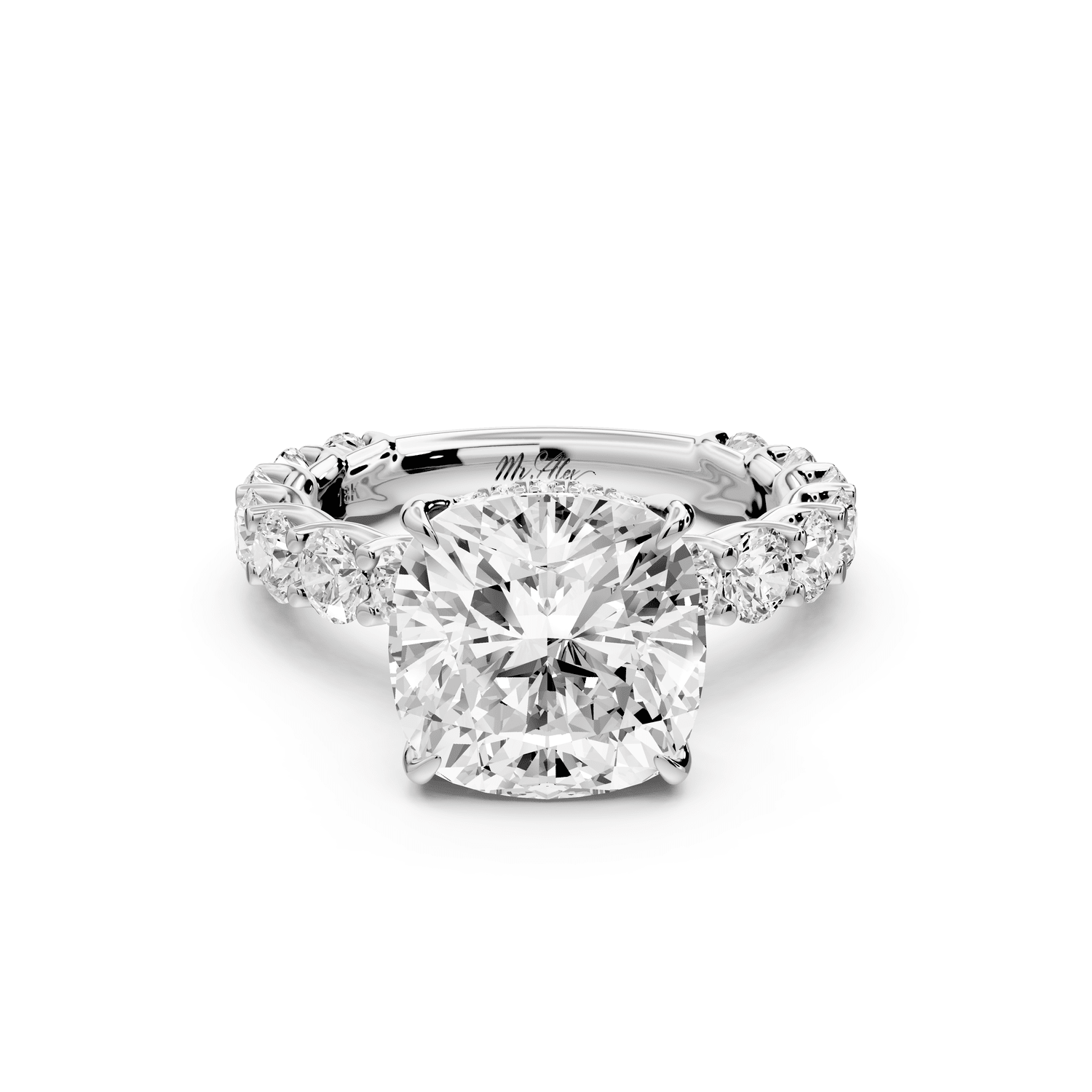 Siena - 4ct 18k white gold cushion Hidden Halo with Shared Prong Pavé Engagement Ring - Mr. Alex Jewelry