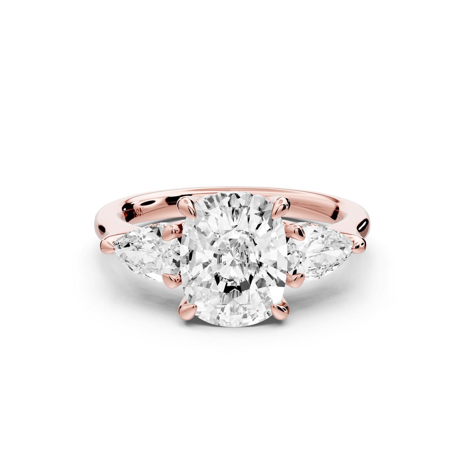 Stella - 2ct 14k rose gold Three Stone ecushion with pears Hidden Halo Engagement Ring - Mr. Alex Jewelry
