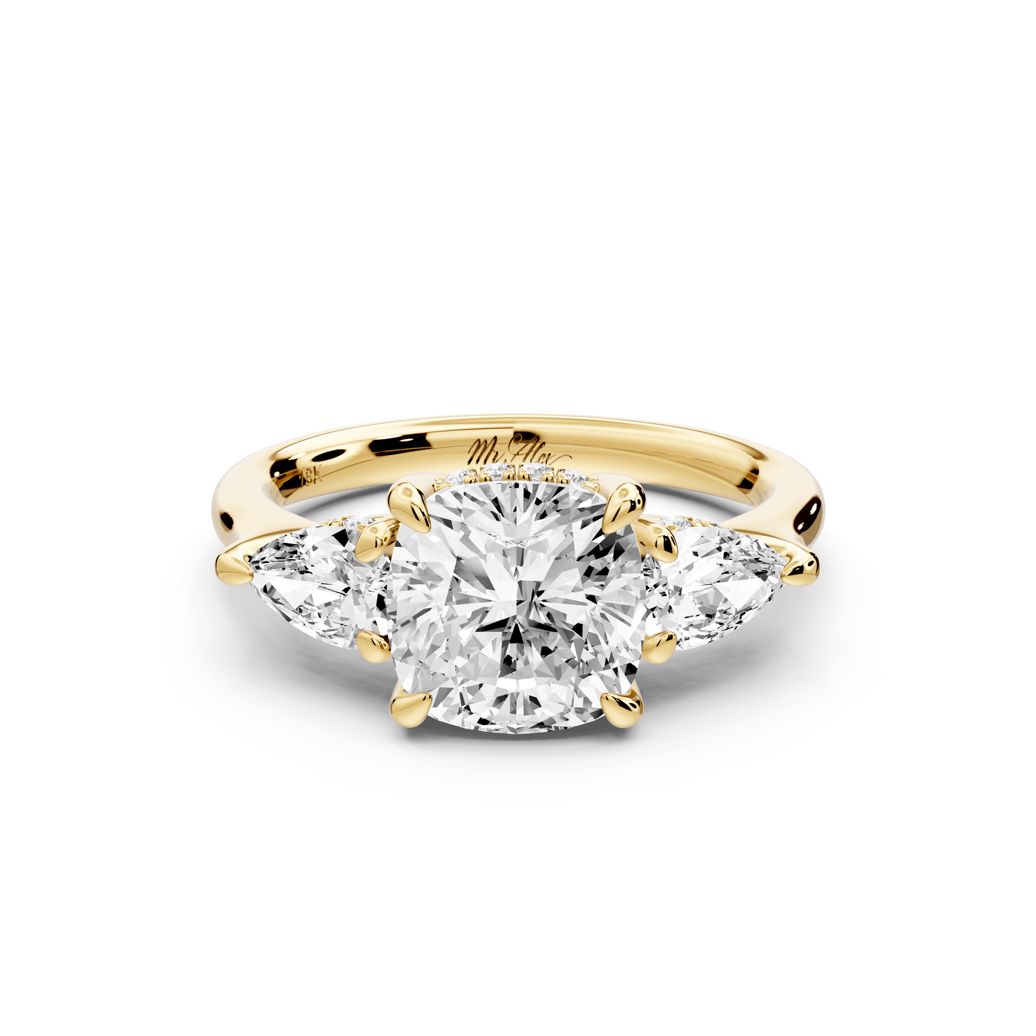 Stella - 2ct 14k yellow gold Three Stone cushion with pears Hidden Halo Engagement Ring - Mr. Alex Jewelry