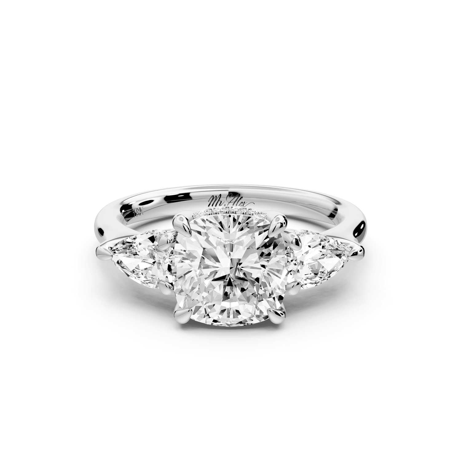 Stella - 2ct platinum Three Stone cushion with pears Hidden Halo Engagement Ring - Mr. Alex Jewelry