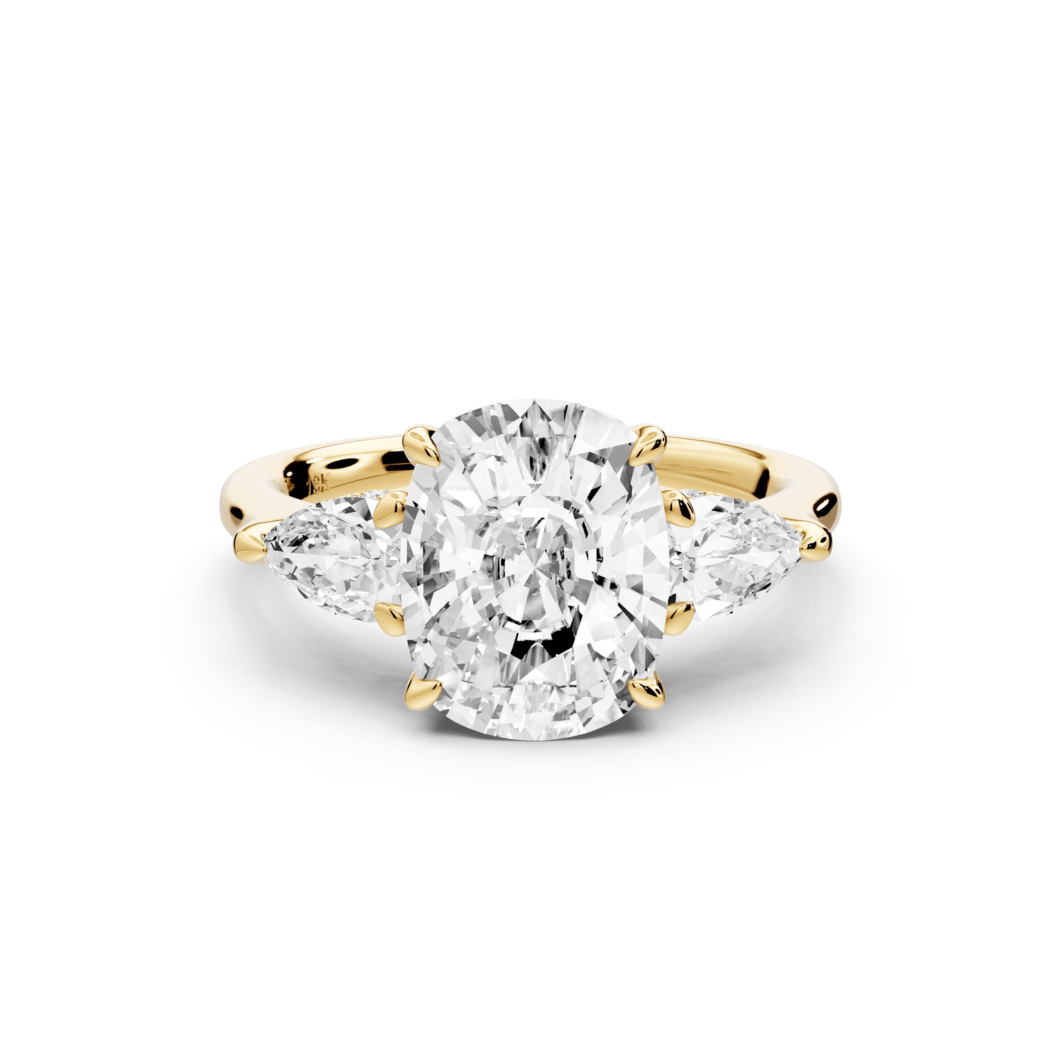 Stella - 3ct 18k yellow gold Three Stone ecushion with pears Hidden Halo Engagement Ring - Mr. Alex Jewelry