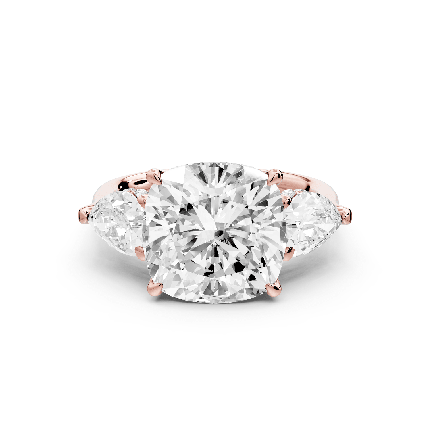 Stella - 5ct 18k rose gold Three Stone cushion with pears Hidden Halo Engagement Ring - Mr. Alex Jewelry