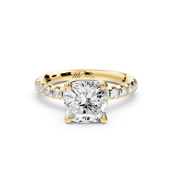 Valeria - 2ct 14k yellow gold cushion Scalloped Pavé Half Band Engagement Ring - Mr. Alex Jewelry