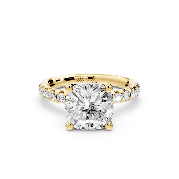 Valeria - 3ct 14k yellow gold cushion Scalloped Pavé Half Band Engagement Ring - Mr. Alex Jewelry