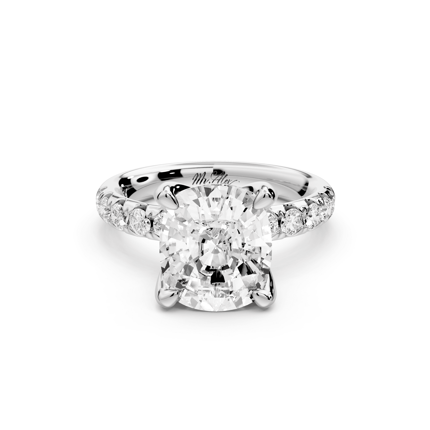 Valeria - 4ct 18k white gold ecushion Scalloped Pavé Half Band Engagement Ring - Mr. Alex Jewelry