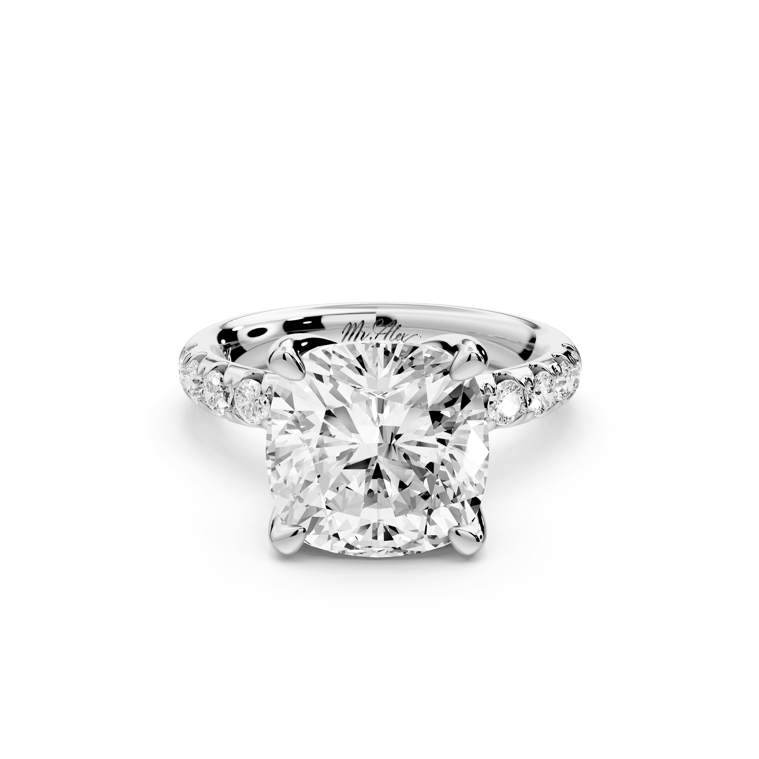 Valeria - 5ct 18k white gold cushion Scalloped Pavé Half Band Engagement Ring - Mr. Alex Jewelry