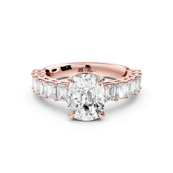 Violetta - 2ct 14k rose gold ecushion diamond with emerald cut accent stones engagement ring - Mr. Alex Jewelry