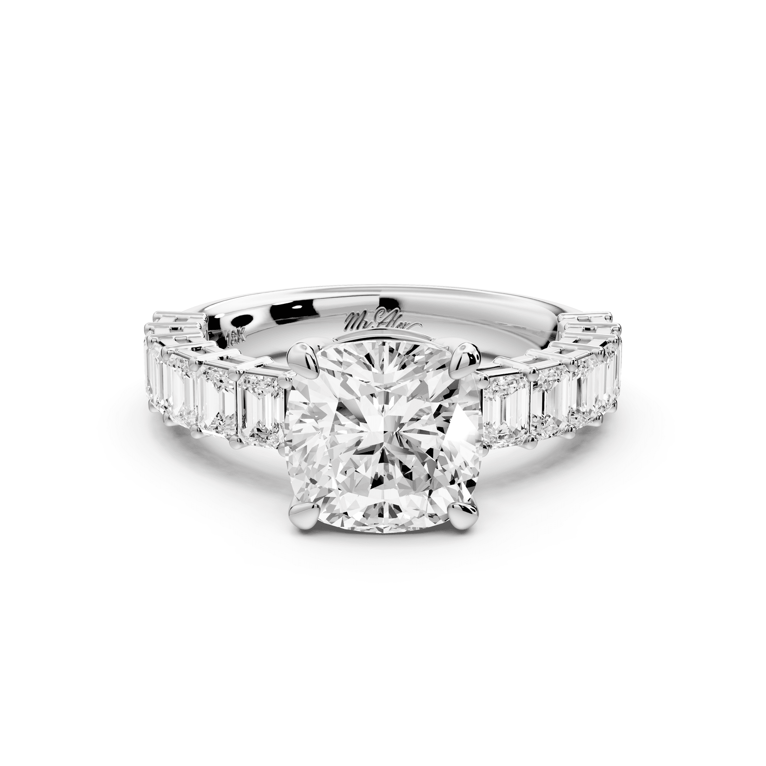 Violetta - 2ct 14k white gold cushion diamond with emerald cut accent stones engagement ring - Mr. Alex Jewelry
