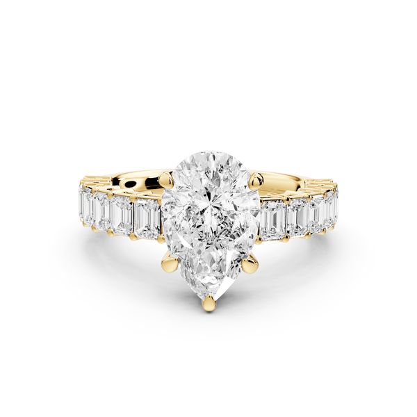 Violetta - 2ct 14k yellow gold pear diamond with emerald cut accent stones engagament ring - Mr. Alex Jewelry